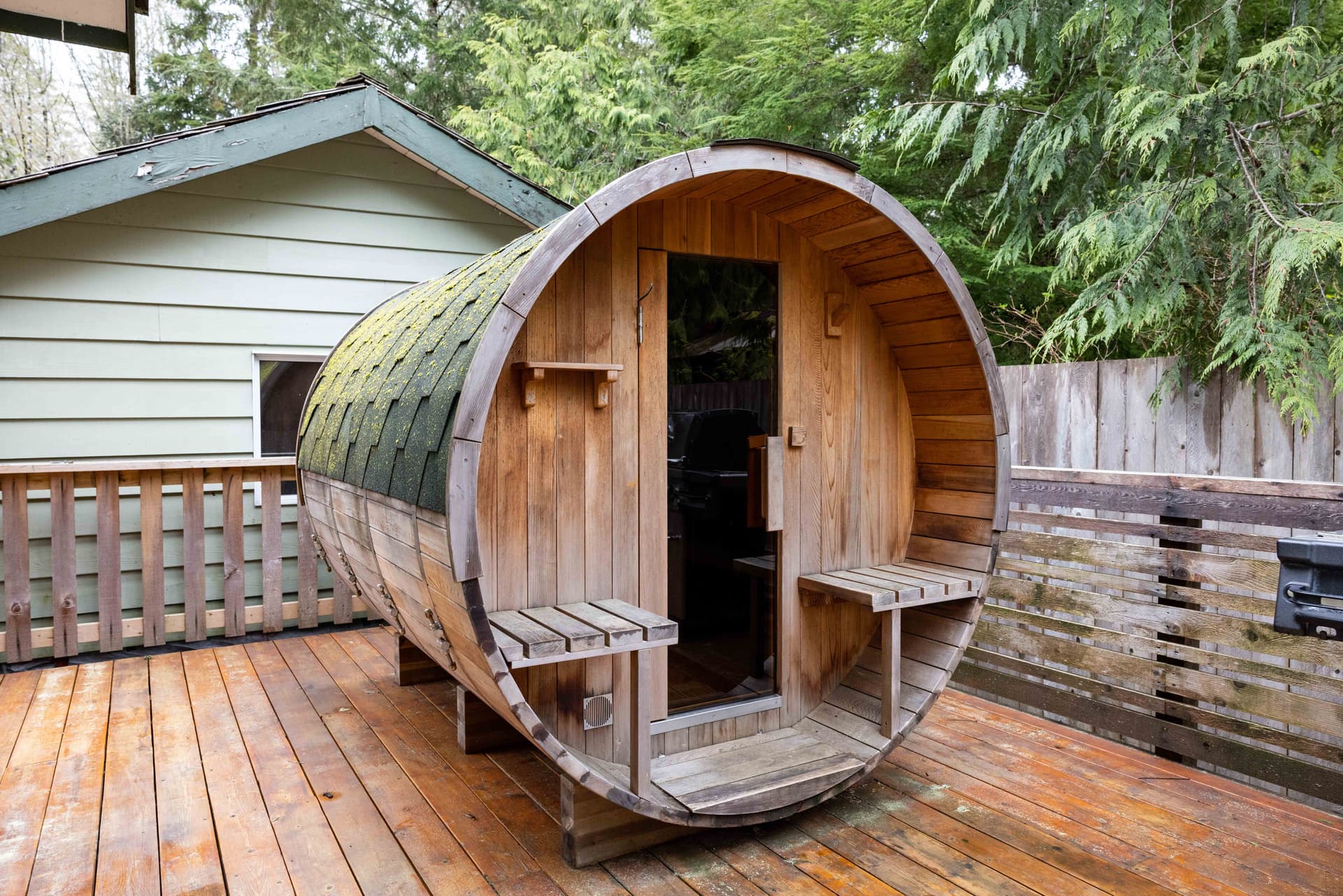 Cedar barrel sauna close-up