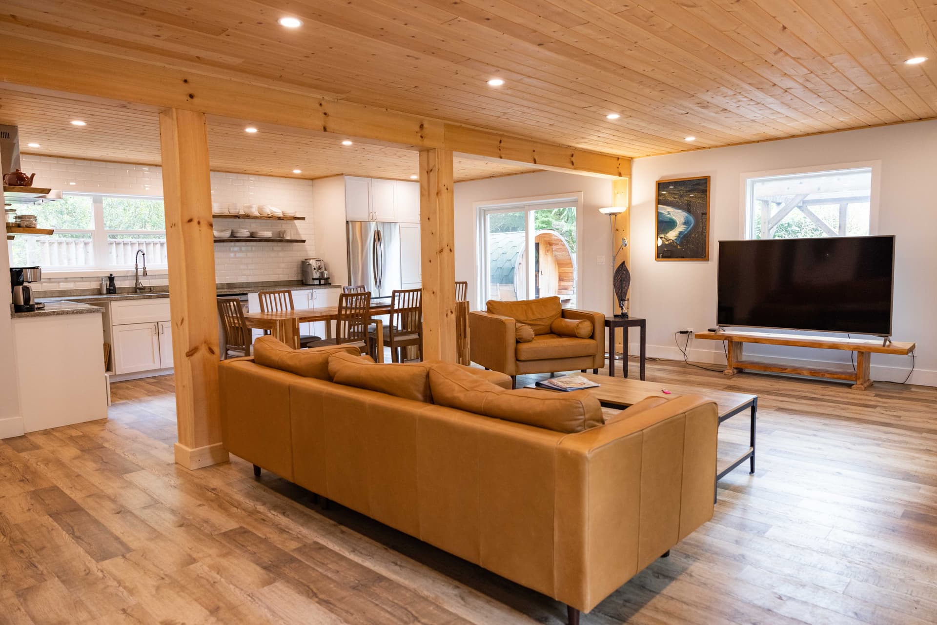 Dining area with wood table and natural light