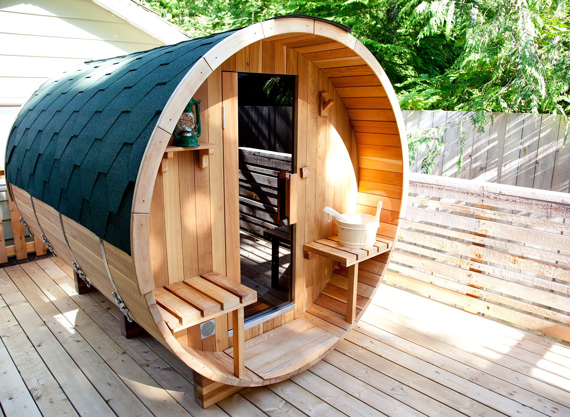 Cedar barrel sauna on the deck – Nootka Tofino
